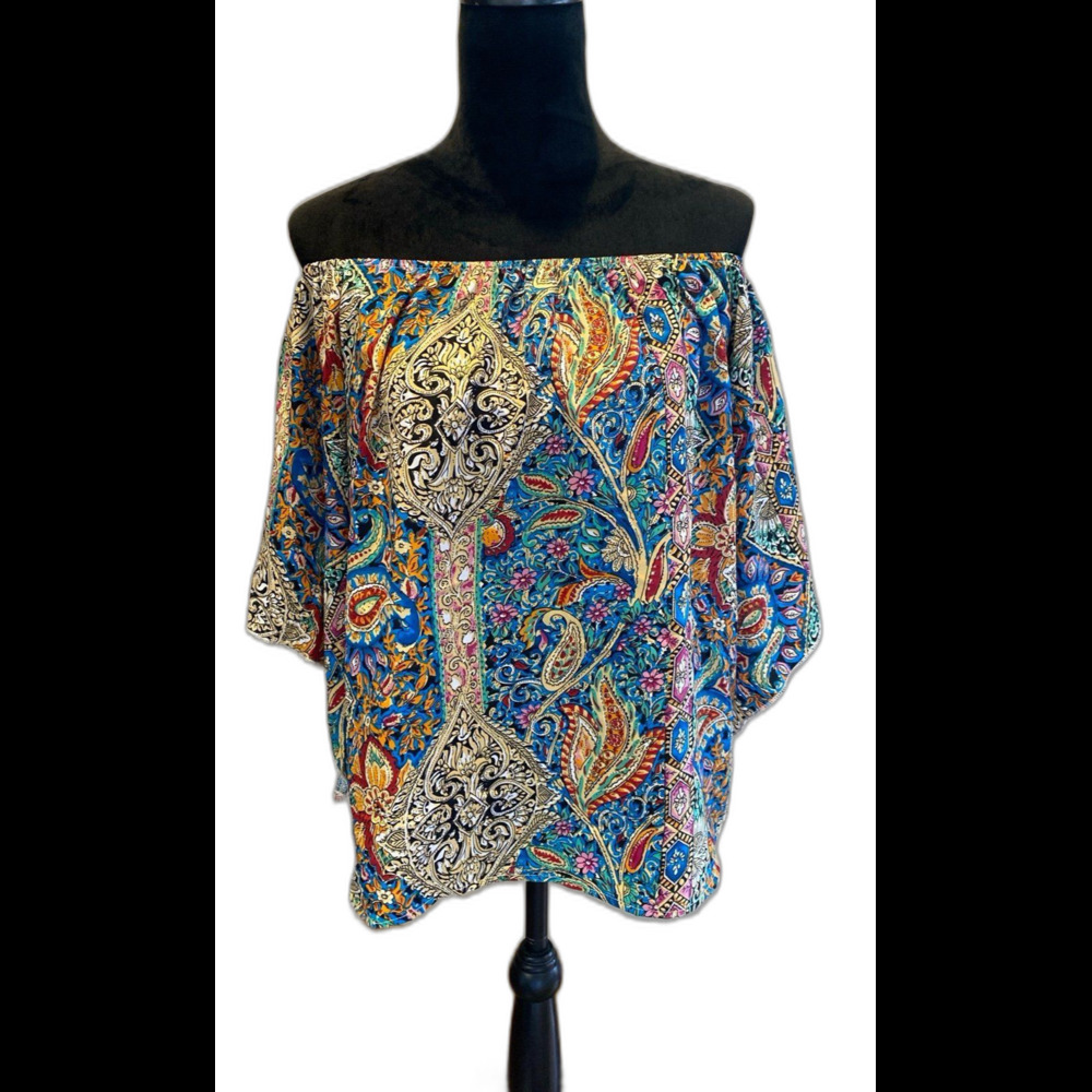 Paisley Blouse Size Large Off or On Shoulder Deep Blue Pink Elastic Neckline Top - Picture 3 of 11